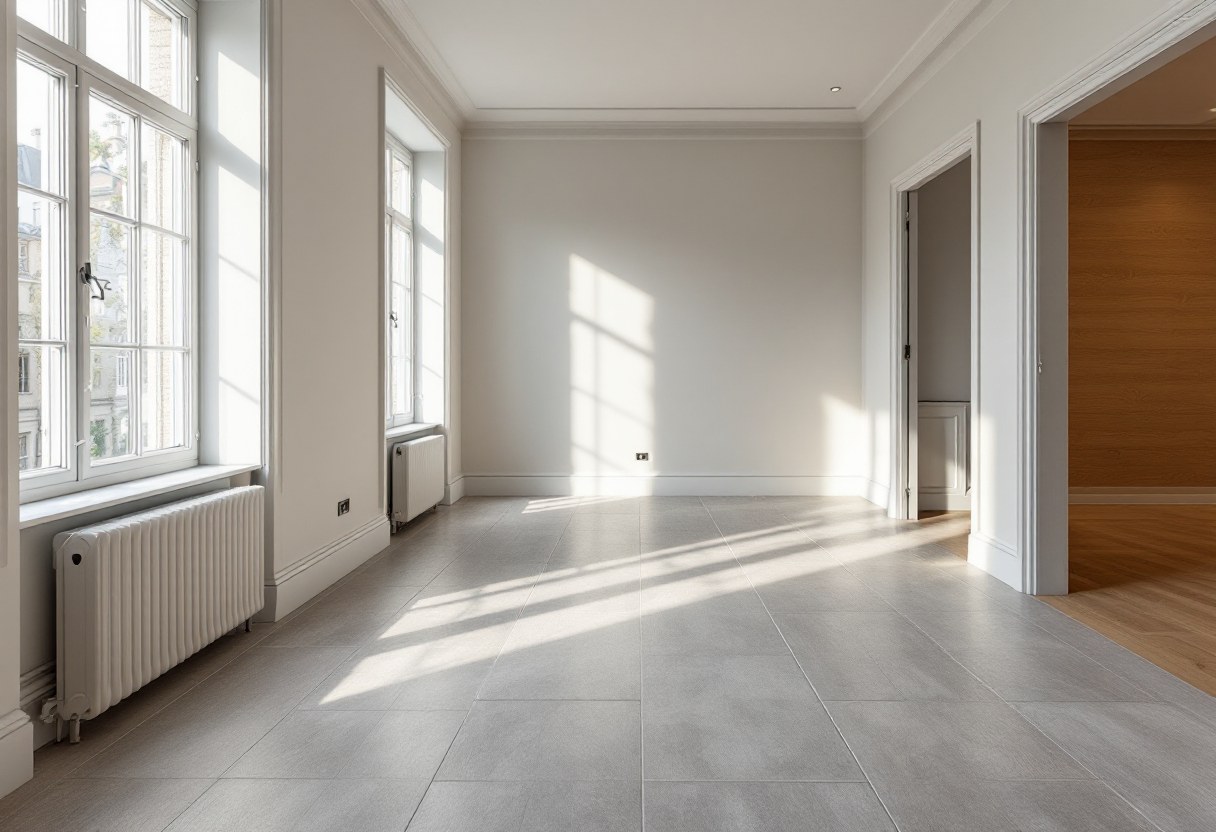 Chantier de rénovation intérieure avec pose de carrelage et parquet en Belgique